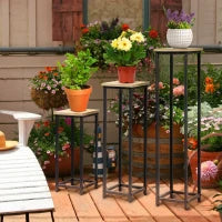 Set di 3 Supporti Porta Vasi da Fiori Impilabili Quadrati, Acciaio, 21 x 21 x 50/70/90 cm, Nero