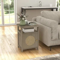 Comodino con Scaffale Aperto e Vano con Anta in Rattan, 40x35x55 cm, Legno Naturale