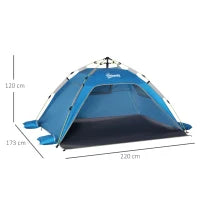 Tenda da Spiaggia Pop Up con Porta a Cerniera, in Poliestere e Fibra di Vetro, 220x173x120 cm, Blu Cielo e Grigio