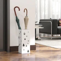 Portaombrelli in Metallo con 4 Ganci e Vaschetta Raccogligocce, 15.5x15.5x41cm, Bianco