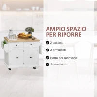 Carrello da Cucina con 2 Cassetti e 2 Armadietti, Isola da Cucina con Piano in Legno, Portaspezie e Porta Canovacci, Bianco