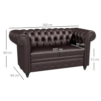 Divano 2 Posti stile Chesterfield con Cuscino Rimovibile, in Ecopelle, Legno e Metallo, 160x84x80 cm, Marrone
