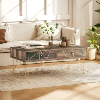 Tavolino da Caffè per Soggiorno con 2 Cassetti e Design Moderno in Legno e Metallo Verniciato in Oro 110x59x42cm