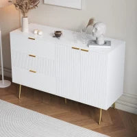 Credenza con ante e ripiani interni, cassetti, maniglie e gambe dorate, 120x38x80,5 cm, Bianco