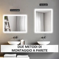 kleankin Specchio Bagno LED Antiappannamento con 3 Colori e Luminosità Regolabile, in Metallo e Vetro, 80x60x3 cm