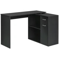 Scrivania Angolare per Studio e Ufficio con 2 Cassetti e 2 Ripiani, in Legno, 117x82x74 cm, Nero