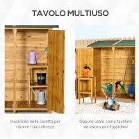 Casetta da Giardino in Legno a 2 Ante con Sgabello Alto a 2 Ripiani e Tetto Idrorepellente, 140x75x157 cm