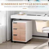 Cassettiera in MDF con 3 Cassetti e Ruote per Ufficio o Studio Bianca e Legno, 40x50x57.5cm