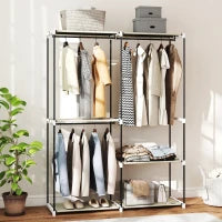 Armadio per Abiti Aperto con 4 Ripiani in Tessuto, 3 Barre per Appendere e Struttura in Metallo 142x43x185 cm Crema