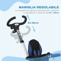Triciclo Passeggino per Bambini con Maniglione, Parasole Regolabile e Cintura di Sicurezza, Blu Scuro
