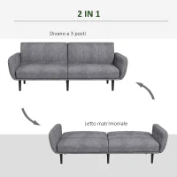 Divano Letto 3 Posti con Schienale Reclinabile a 3 Livelli in Tessuto, 208x84x82cm, Grigio