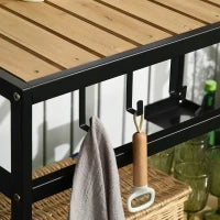 Carrello da Giardino per Barbecue con 2 Ripiani e 3 Ganci in Legno e Metallo, 107 x 65 x 80 cm, Nero e Color Naturale