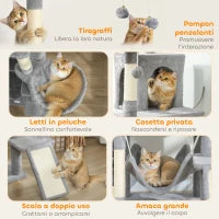 Albero Tiragraffi per Gatti con Scala, 2 Amache, 3 Posatoi, 2 Casette e 3 Piattaforme, 48x48x192 cm, Grigio e Crema