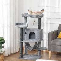 Albero Tiragraffi per Gatti con Palo, Casetta, Letto, Amaca e 2 Giochi in Legno e Peluche, 48x48x107 cm, Grigio