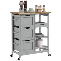 Carrello da cucina su ruote con piano in legno, 3 cassetti e piano rimovibile, 67x37x85,5 cm, Grigio