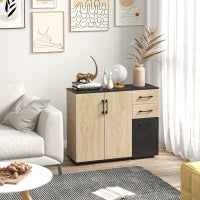 Credenza Moderna con 2 Armadietti e 2 Cassetti in Legno, 90x30x75.5cm, Noce e Nero