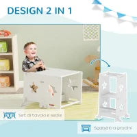 Scala Montessori Convertibile in Set Tavolo e Sedie con Barra di Sicurezza, in Legno, 60x44.5x86 cm, Bianco