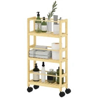 Scaffale Bagno a 3 Livelli con Ruote, Carrellino in Legno di Bambù, 36x15x73 cm, Colore Legno