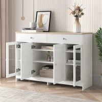 Credenza Moderna con Superficie in Legno, con 4 Ante e 2 Cassetti e Anta in Vetro, per Soggiorno e Sala da Pranzo, Bianco