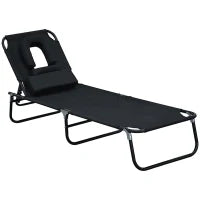 Sedia Sdraio da Esterno Pieghevole con Foro per il Viso e Cuscini, Lettino Prendisole da Giardino, Spiaggia e Campeggio,  Nero