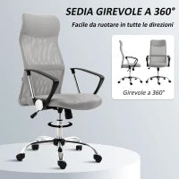 Sedia Ergonomica da Ufficio Girevole, Altezza Regolabile e Schienale a Rete, 63x65x109-119 cm, Grigio Chiaro