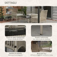 Set da Giardino in Rattan da 4 Pezzi con 2 Poltroncine, Divano e Tavolino da Caffè, Kaki e Nero