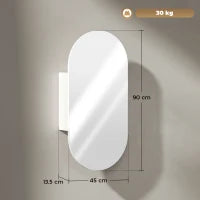 Specchio Bagno Ovale Moderno con Armadietto e Due Ripiani, 45x90 cm, Bianco