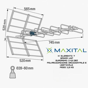 Maxital top21-5g antenna uhf direttiva 7 elementi 14,5 dbi con connettore f