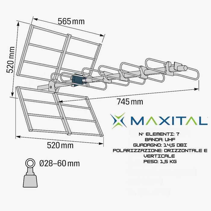 Maxital top21-5g antenna uhf direttiva 7 elementi 14,5 dbi con connettore f