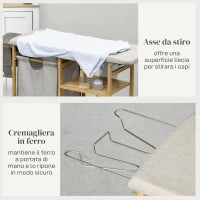 Cestino Portabiancheria in Bambù e Poliestere con Asse da Stiro e Ripiano a 3 Livelli, 113x34x82 cm