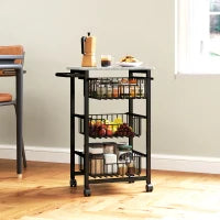 Carrello da Cucina a 3 Cestelli con Maniglia, in Acciaio e Legno, 49.5x31x69 cm, Nero e Grigio Chiaro