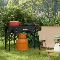 Fornello con 2 Bruciatori a Gas Propano Portatile 150.000 BTU/h con 2 Piedi Rimovibili per Esterno, Campeggio, Metallo Fuso, Nero
