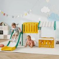 Scivolo 7-in-1 per bambini, per interno ed esterno, con struttura da arrampicata, casetta, lavagna, canestro da basket, 1-4 anni, in plastica, Giallo e Verde