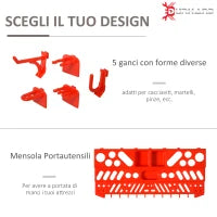 DURHAND 54PZ Contenitore Portautensile con 50 Ganci, Montaggio a Muro, PP, Rosso Grigo, 95.5x23x53.5cm