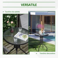 Tavolo Rotondo con Piano in Vetro Temperato Tavolino da Giardino Nero, Φ60 x 70cm