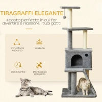 Albero Tiragraffi Multilivello con Casetta, Scala, Pallina e Pali in Sisal, 48x48x125 cm, Grigio