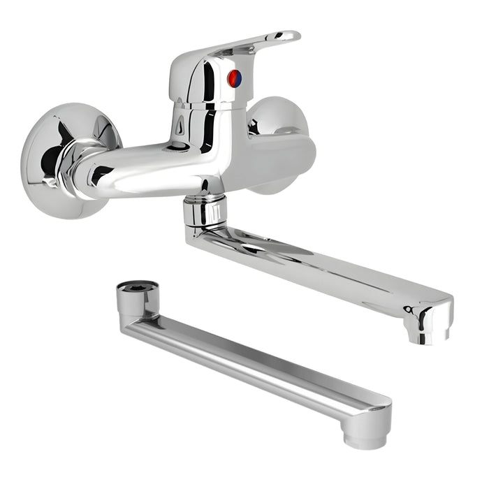 Miscelatore a muro in ottone lavello cucina con 2 canne erogazione orientabile