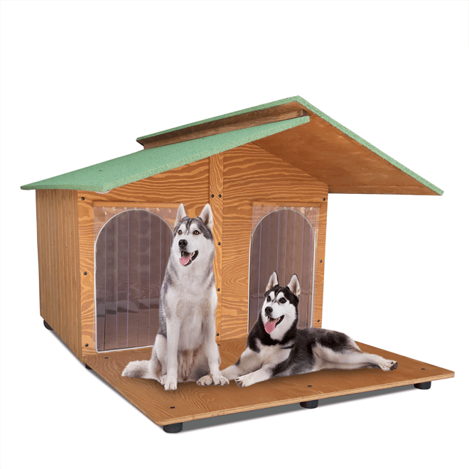 CUCCIA IN LEGNO DA ESTERNO MODELLO 4XL GIGANTE CON DUE INGRESSI, DAVANZALE, PENSILINA CON SEPARÈ E "TENDINE OMAGGIO" L.150 x P.190 x H.115