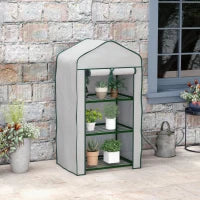Mini Serra da Giardino con Copertura in PE, 3 Ripiani e Porta Avvolgibile, 59x39x127cm, Bianco