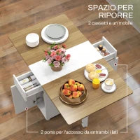 Tavolo Rettangolare Allungabile con 2 Cassetti e un Armadietto in Legno, 140x76x74 cm, Bianco e Color Legno