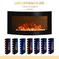 Camino Elettrico a Parete con Luce LED a 7 Colori, Potenza 1000/2000W e Temperatura 15-30°C, Nero