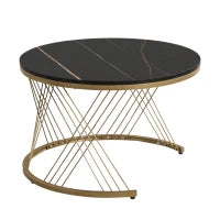 Tavolini Rotondi Modulari in Marmo Sintetico, con Dettagli Dorati e Cassetto, Dimensioni 70x70x45 cm e 50x50x40 cm, Nero e Bianco