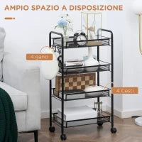 Carrello da Cucina a 4 Ripiani Rimovibili con 4 Ganci e Ruote, in Acciaio e Plastica PP, 45x26.5x84 cm, Nero