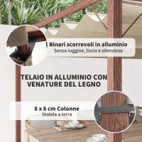 Gazebo Pergola con Tetto Retrattile, Picchetti e Viti, in Poliestere e Alluminio, 382x300x232 cm, color Legno
