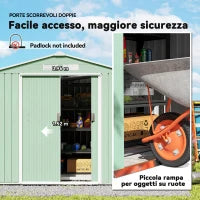 Casetta da Giardino in Lamiera di Acciaio con Porte Scorrevoli, 213x130x185cm, Verde Chiaro