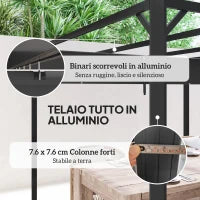 Gazebo Pergola Retrattile 3x3 m con Tenda a Rullo e Fori di Drenaggio, in Acciaio e Poliestere Grigio Scuro