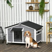 Casetta per Cani in Legno con Design Rialzato, Tenda Protettiva e 2 Finestre, 109x79x72 cm