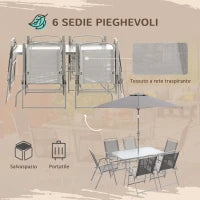 Set da Giardino con Tavolo da Pranzo, 6 Sedie Pieghevoli e Ombrellone a Manovella, Grigio