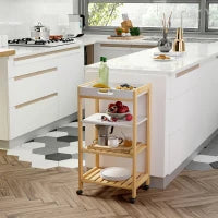 Carrello da Cucina a 4 Livelli in MDF e Legno di Pino con 4 Ruote Girevoli, 40x30x76 cm, Bianco e Marrone