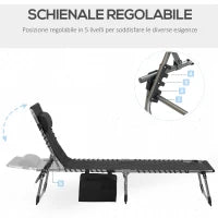 Sdraio da Giardino con Schienale Regolabile su 5 Livelli, Poggiatesta e Tasca, 188x57x30cm